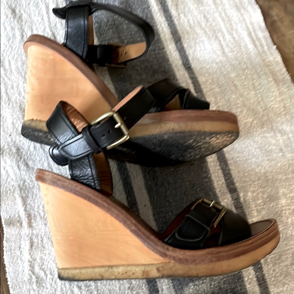 ISABEL MARANT Paris Black Leather Handy Wood Wedge Buckle BOHO Sandals 10 RARE! - Picture 5 of 8